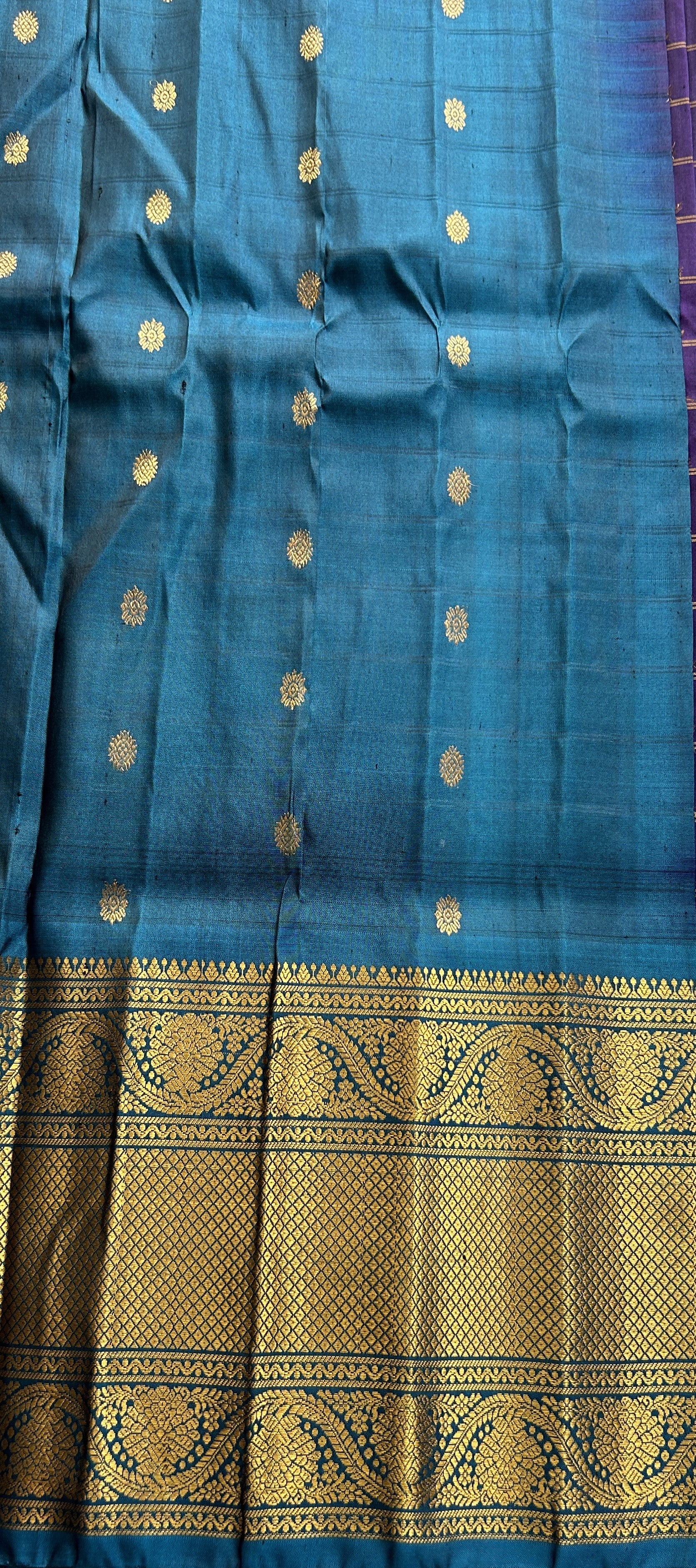 Gadwal Pattu Saree Violet Colored Complemented With a Turquoise Blue Zari Border - Sampradaya Designer Studio