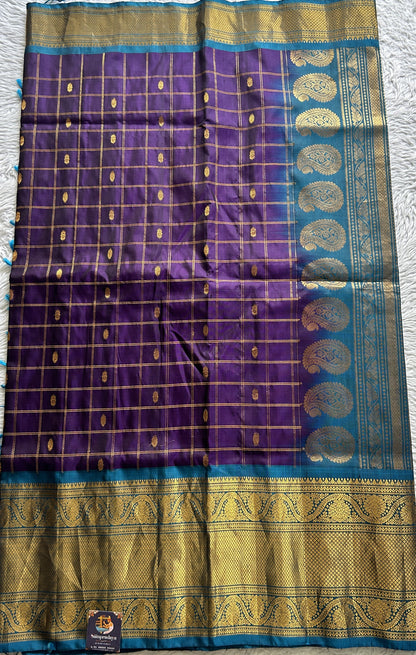 Gadwal Pattu Saree Violet Colored Complemented With a Turquoise Blue Zari Border - Sampradaya Designer Studio