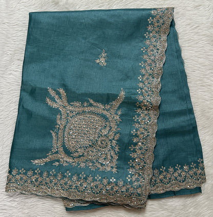 Tussar Handcrafted Designer Sarees Grayish Blue colored Saree complemented with a Hand Embroidery border. - Sampradaya Designer Studio