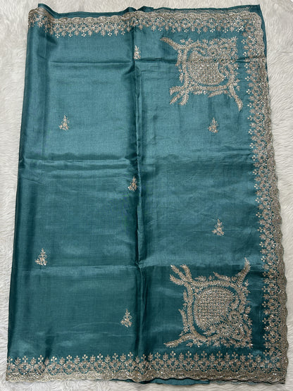 Tussar Handcrafted Designer Sarees Grayish Blue colored Saree complemented with a Hand Embroidery border. - Sampradaya Designer Studio