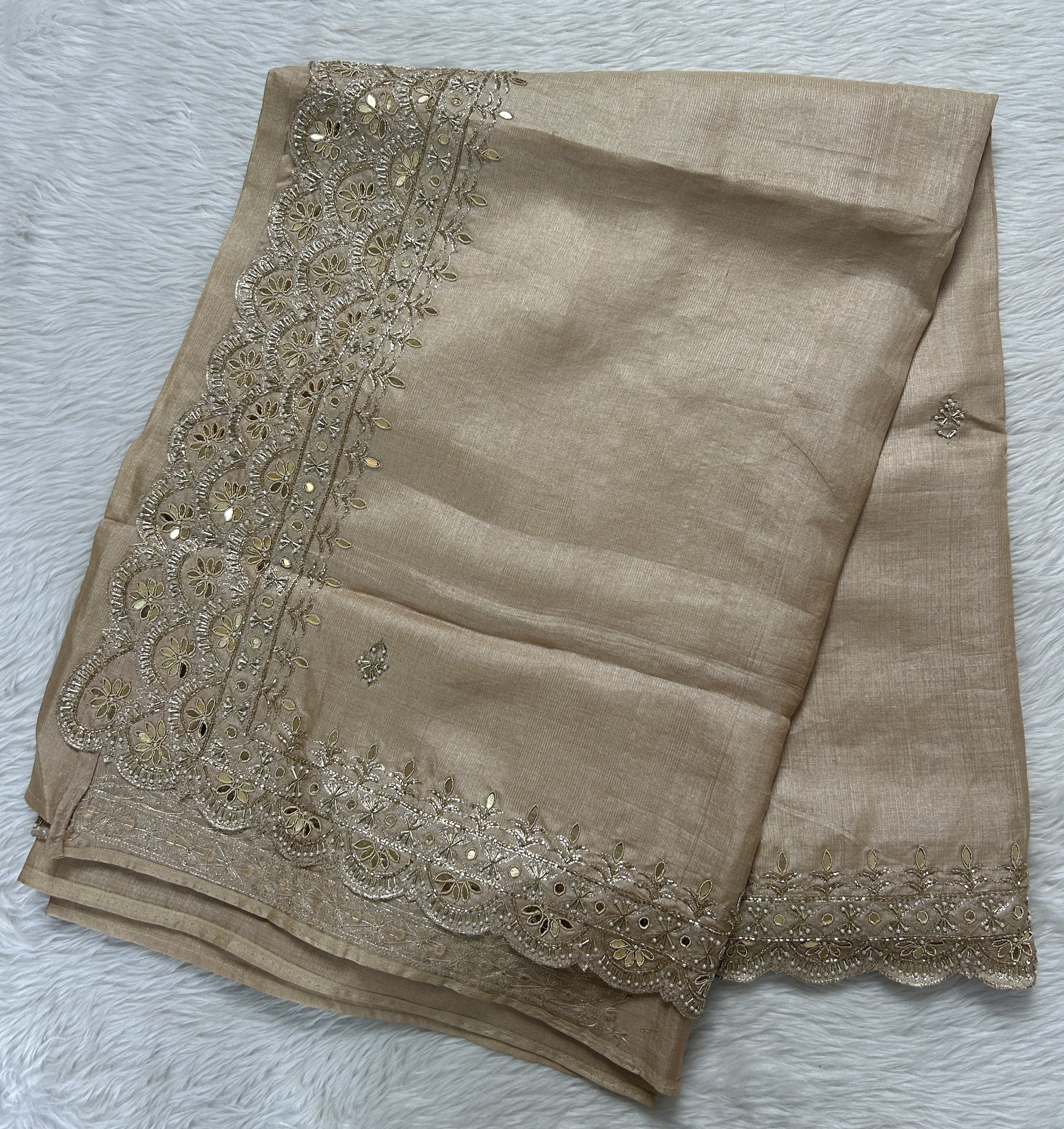 Tussar Handcrafted Designer Sarees Biscuit colored Saree complemented with a Hand Embroidery border. - Sampradaya Designer Studio