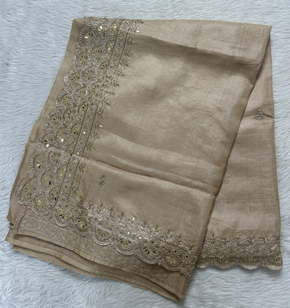 Tussar Handcrafted Designer Sarees Biscuit colored Saree complemented with a Hand Embroidery border. - Sampradaya Designer Studio