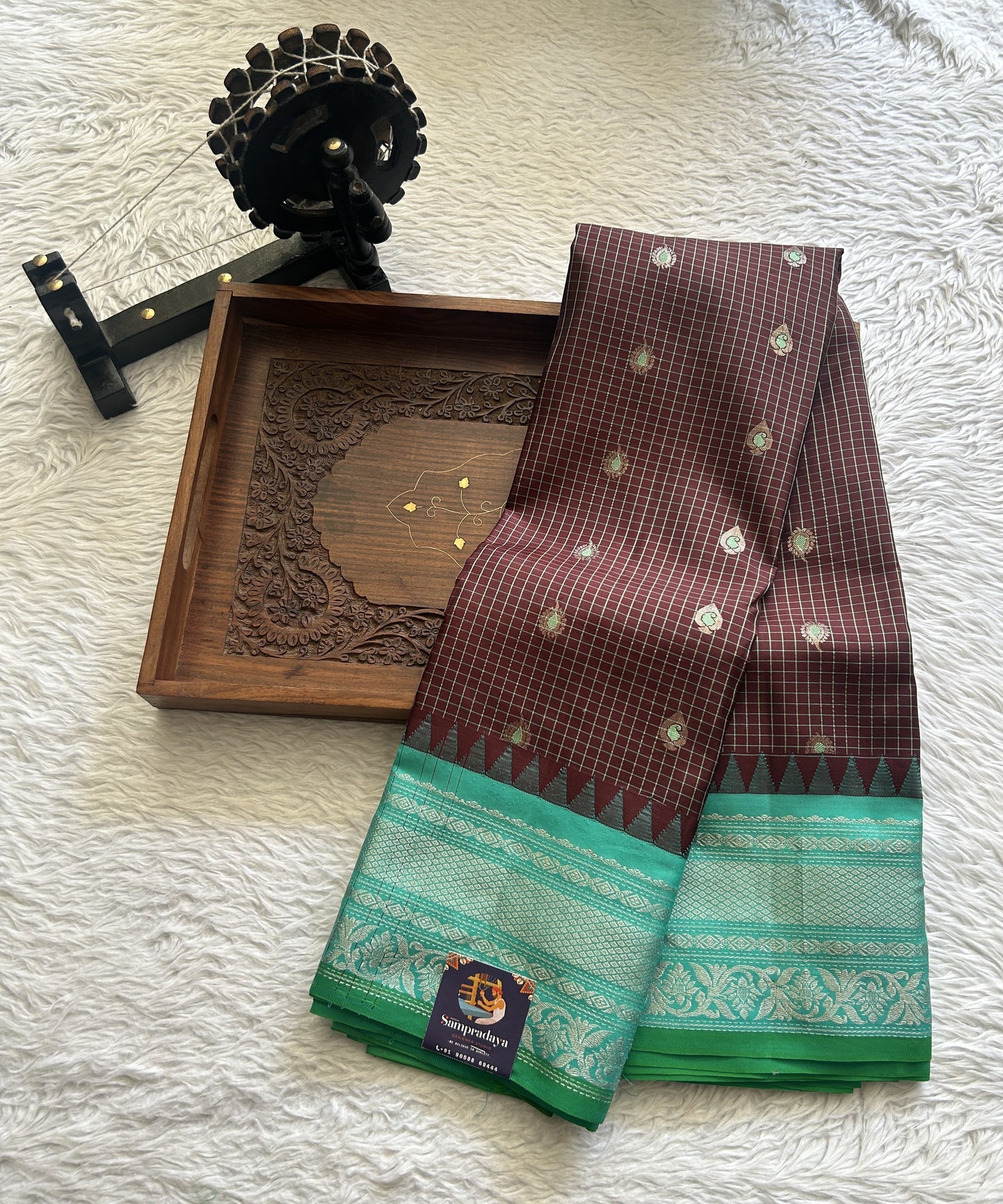 Gadwal Silk Saree Brown Colored complemented with a Sea Blue Color Zari Border. - Sampradaya Designer Studio