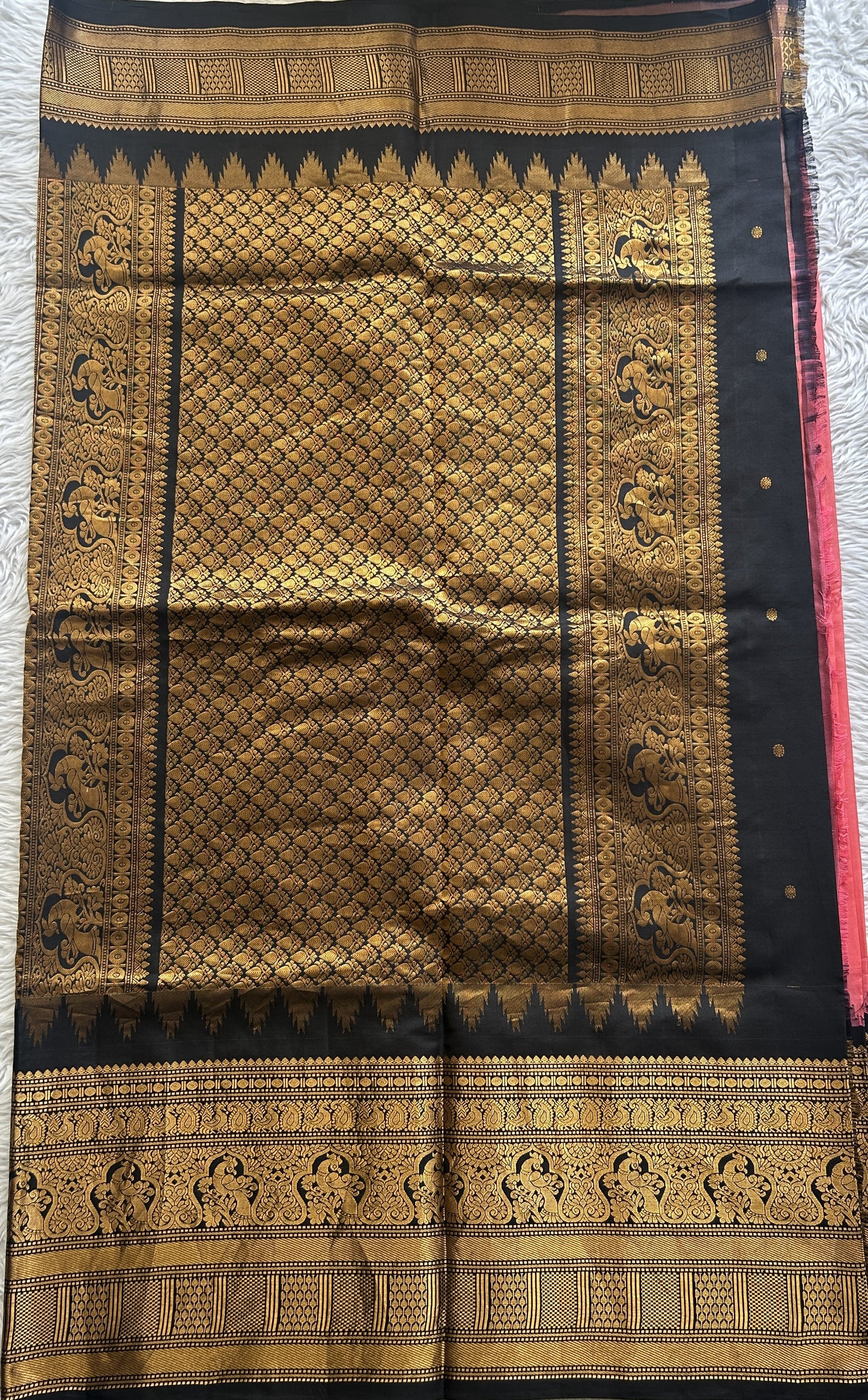 Gadwal Silk Saree Pink Colored complemented with a Black Color Zari Border. - Sampradaya Designer Studio