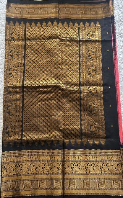 Gadwal Silk Saree Pink Colored complemented with a Black Color Zari Border. - Sampradaya Designer Studio