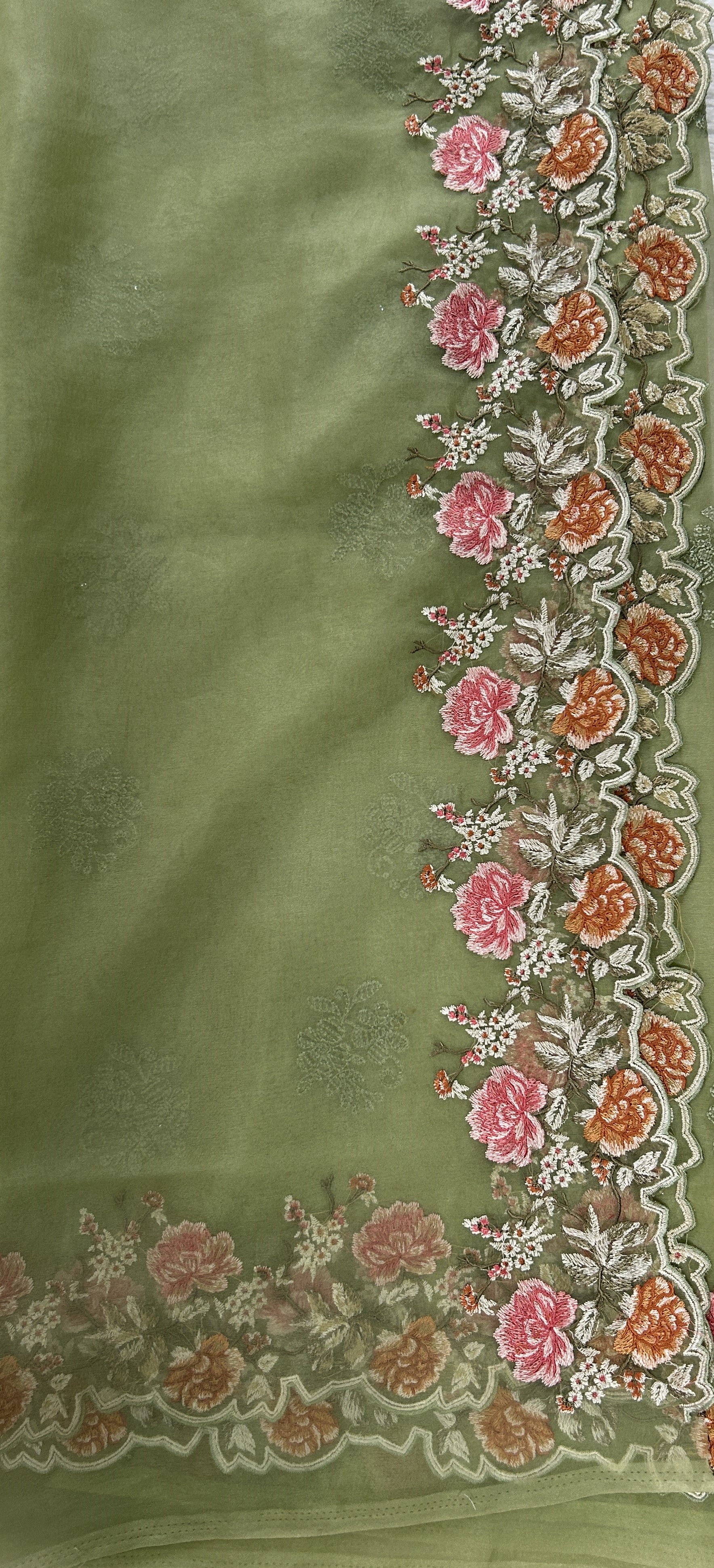 Soft Organza Designer Saree Olive Green colored Saree complemented with a Machine Embroidery border. - Sampradaya Designer Studio