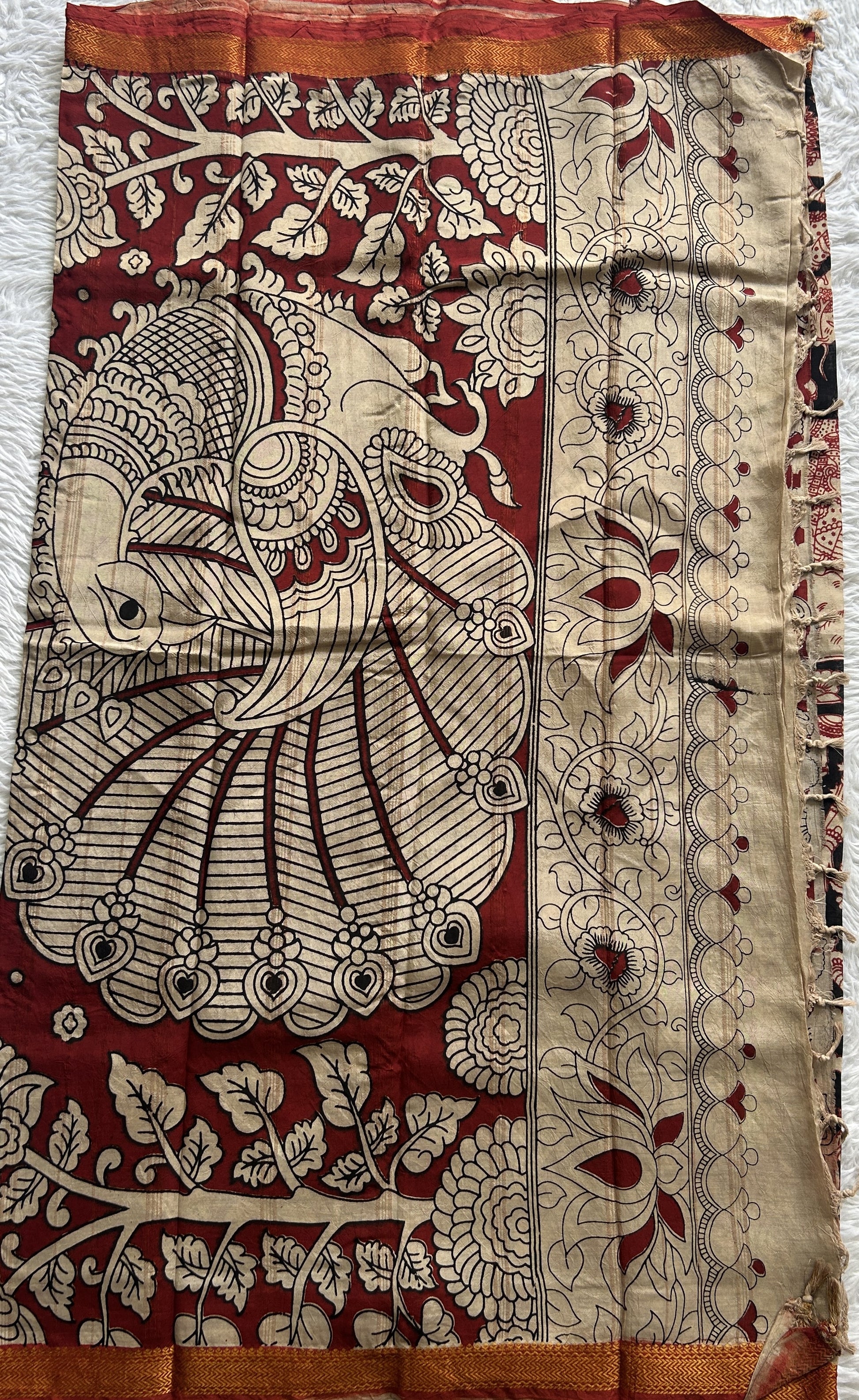 Mangalagiri Pen Kalamkari Saree Black colored complemented with a Maroon Zari border - Sampradaya Designer Studio