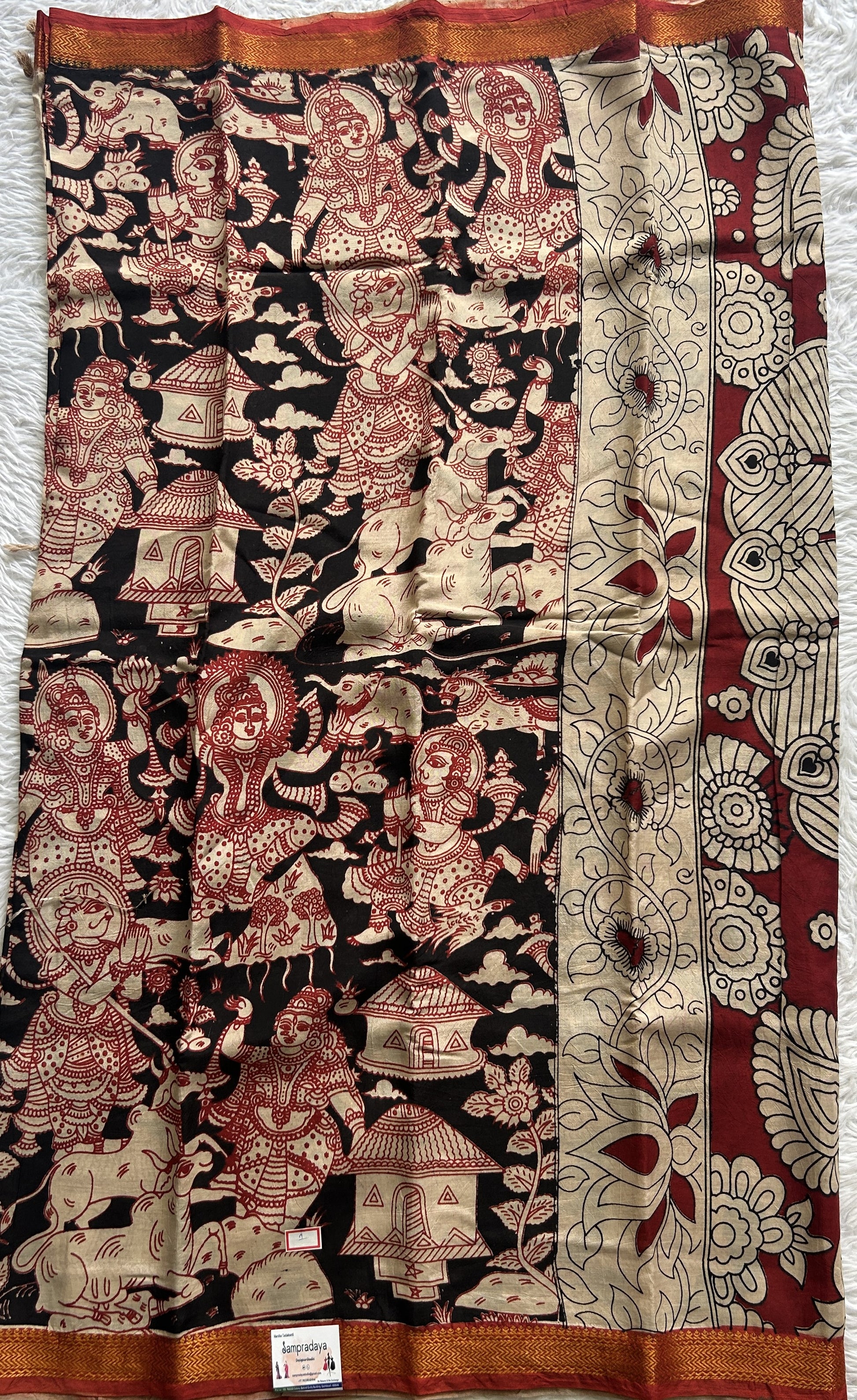 Mangalagiri Pen Kalamkari Saree Black colored complemented with a Maroon Zari border - Sampradaya Designer Studio