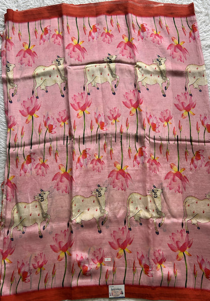 Mangalagiri Pattu Digital Print Saree Pink colored complemented with a Plain Border - Sampradaya Designer Studio