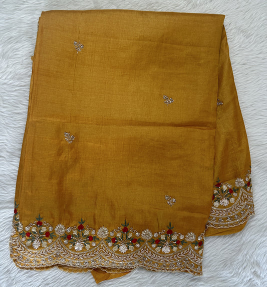 Tussar Handcrafted Designer Sarees Yellow colored Saree complemented with a Hand Embroidery border. - Sampradaya Designer Studio