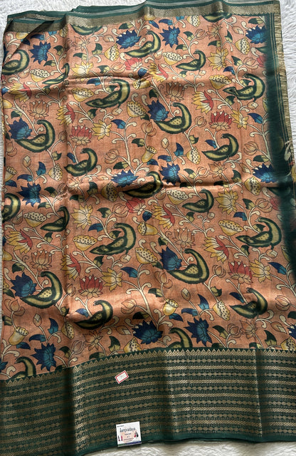 Mangalagiri Pattu Digital Print Saree Peach colored complemented with a Zari Border - Sampradaya Designer Studio