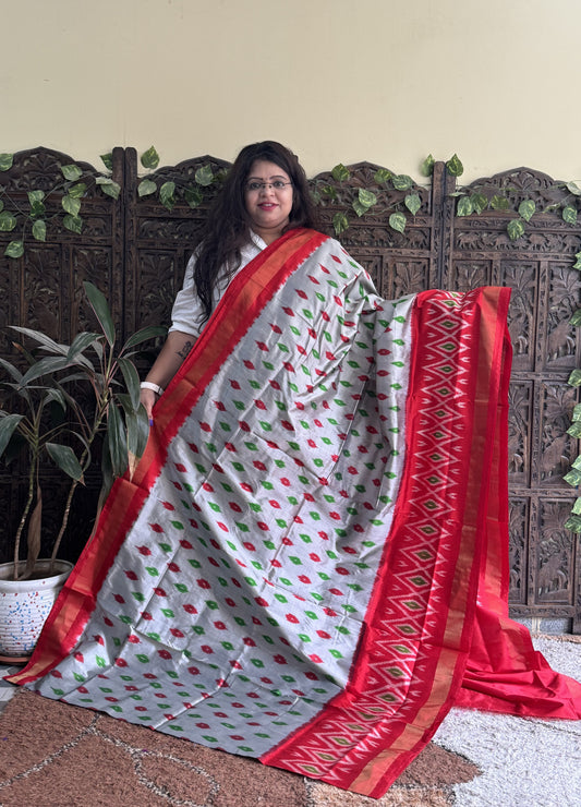 Ikkat Pattu Saree Light Gray colored complemented with a Zari border.