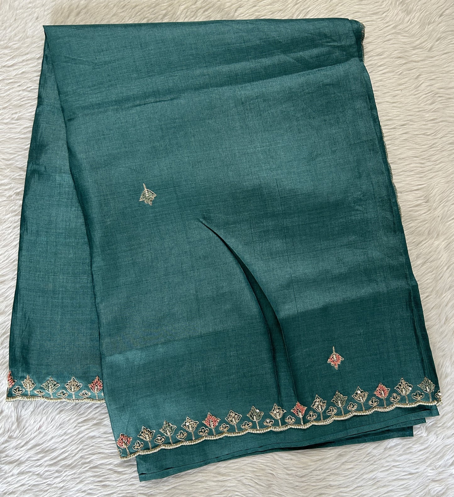 Tussar Handcrafted Designer Sarees Teal Blue colored Saree complemented with a Hand Embroidery border. - Sampradaya Designer Studio