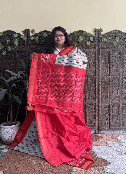 Ikkat Pattu Saree Light Gray colored complemented with a Zari border.