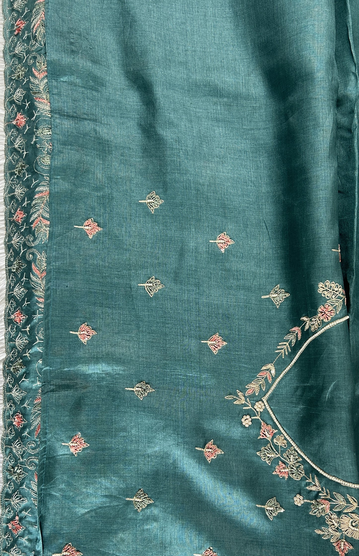 Tussar Handcrafted Designer Sarees Teal Blue colored Saree complemented with a Hand Embroidery border. - Sampradaya Designer Studio