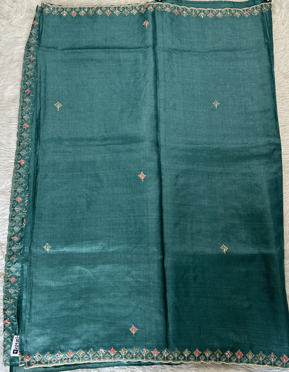 Tussar Handcrafted Designer Sarees Teal Blue colored Saree complemented with a Hand Embroidery border. - Sampradaya Designer Studio