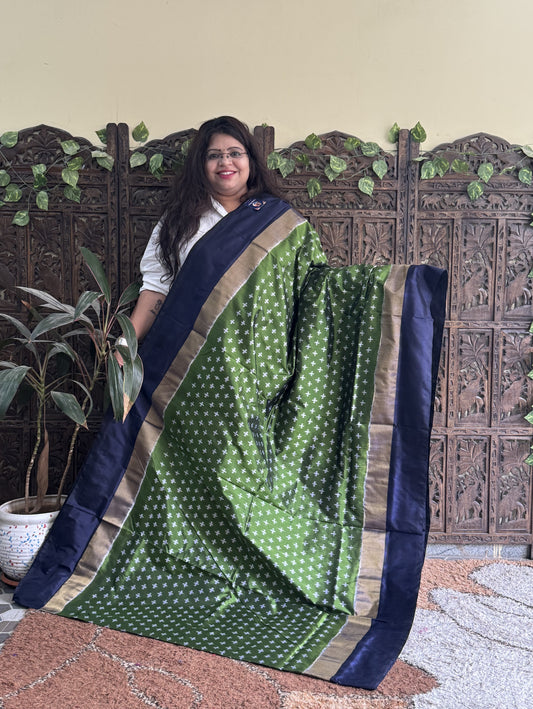 Ikkat Pattu Saree Green colored complemented with a Zari border.