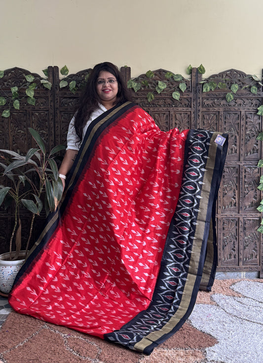 Ikkat Pattu Saree Red colored complemented with a Ikkat Zari border.