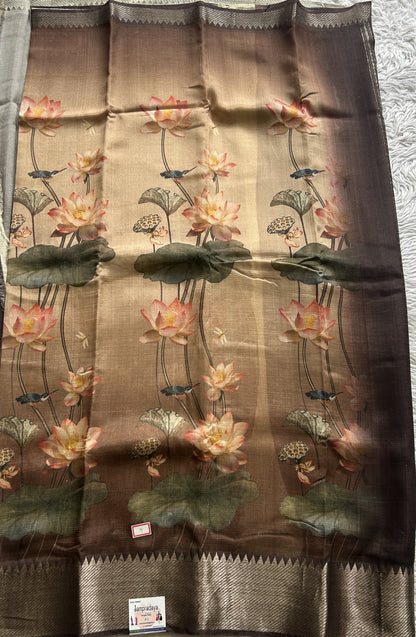 Mangalagiri Pattu Digital Print Saree Chocolate colored complemented with a Zari Border - Sampradaya Designer Studio