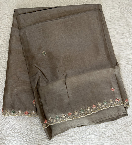 Tussar Handcrafted Designer Sarees Gray colored Saree complemented with a Hand Embroidery border. - Sampradaya Designer Studio