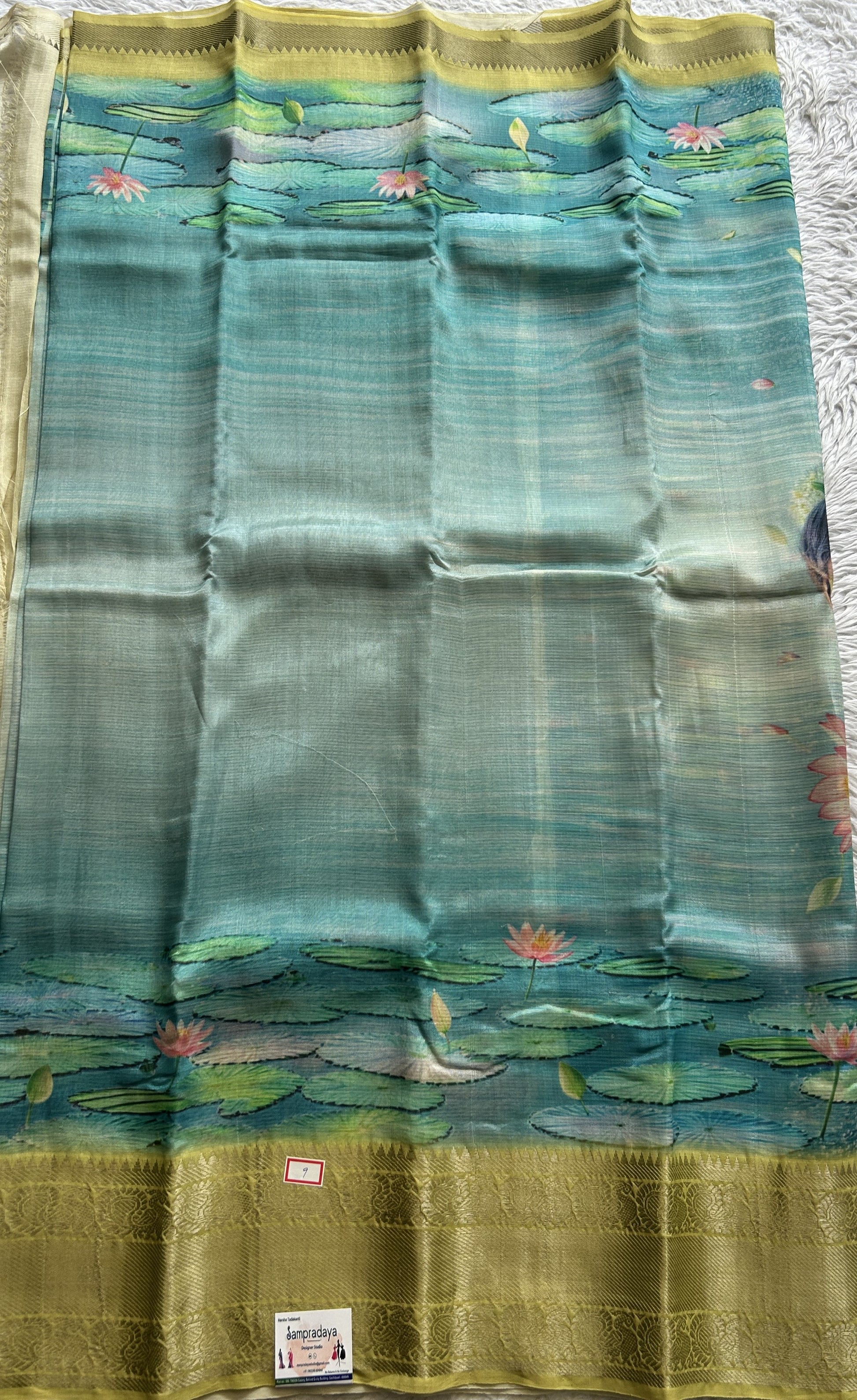 Mangalagiri Pattu Digital Print Saree Sea Blue colored complemented with a Zari Border - Sampradaya Designer Studio