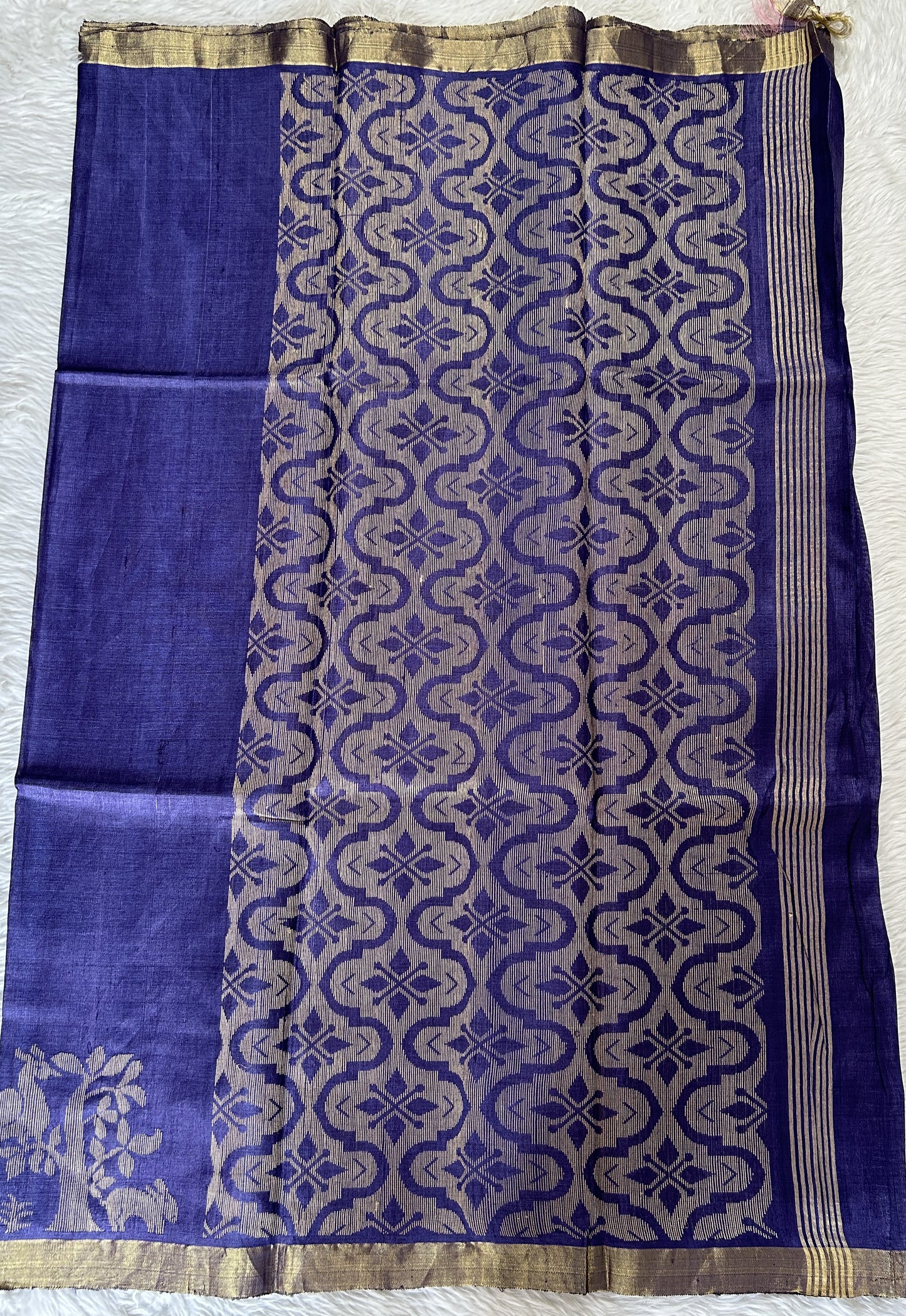 Tussar Silk Saree Ink Blue colored Saree complemented with a Gold Zari border. - Sampradaya Designer Studio