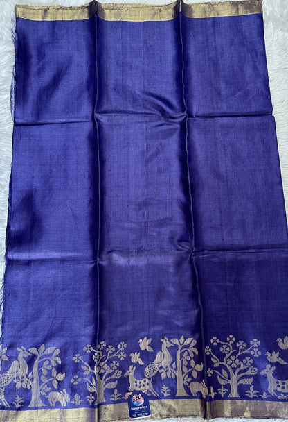 Tussar Silk Saree Ink Blue colored Saree complemented with a Gold Zari border. - Sampradaya Designer Studio