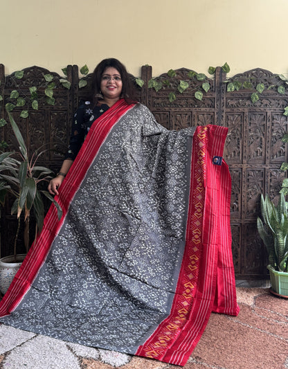 Ikkat Pattu Saree Gray colored complemented with a Red Patola border.