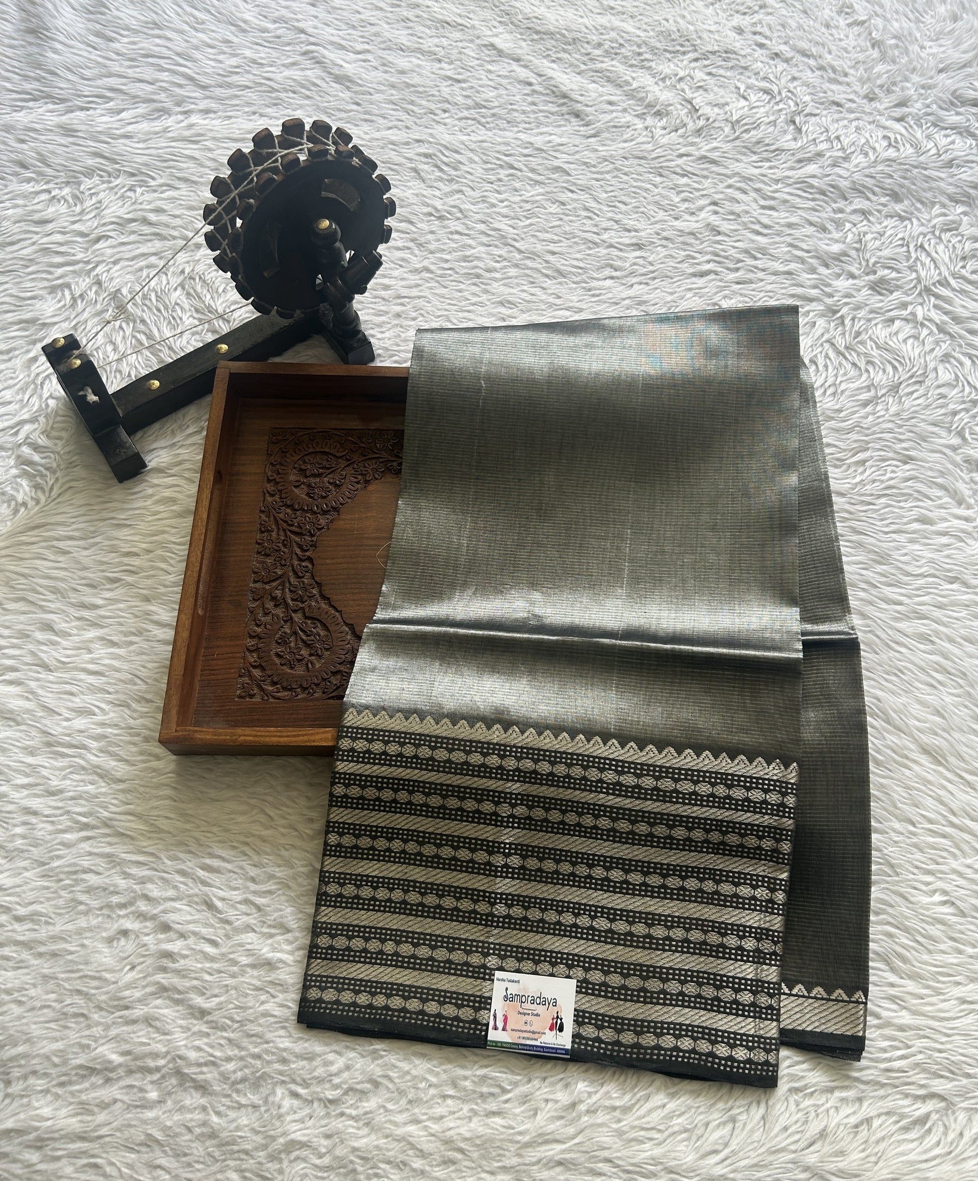 Pure Mangalagiri Pattu Dress Material Elephant Gray Color With a Zari Border. - Sampradaya Designer Studio