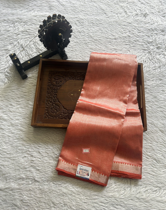 Mangalagiri Plain Pattu Saree Peach colored complemented with a Zari Border - Sampradaya Designer Studio