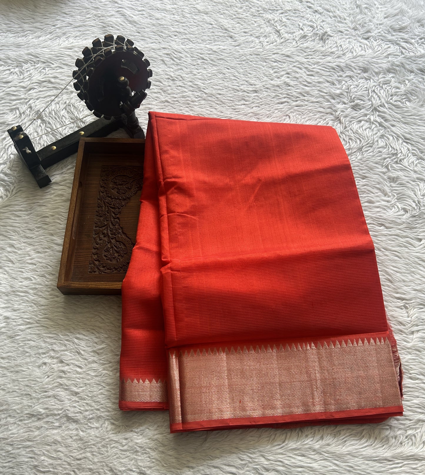 Mangalagiri Plain Pattu Saree Orange colored complemented with a Zari Border - Sampradaya Designer Studio