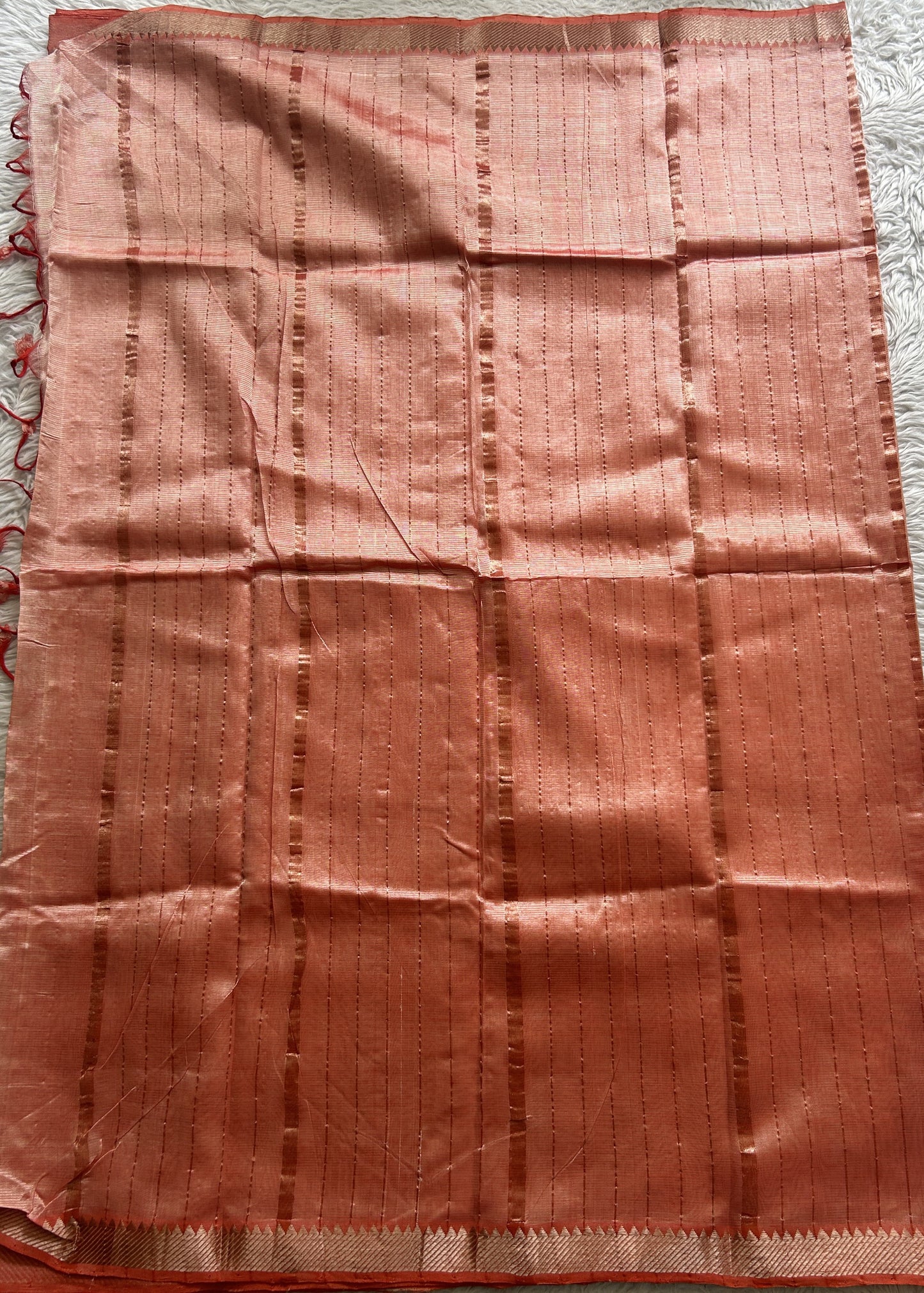 Mangalagiri Plain Pattu Saree Peach colored complemented with a Zari Border - Sampradaya Designer Studio