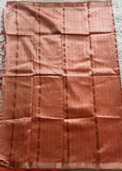 Mangalagiri Plain Pattu Saree Peach colored complemented with a Zari Border - Sampradaya Designer Studio