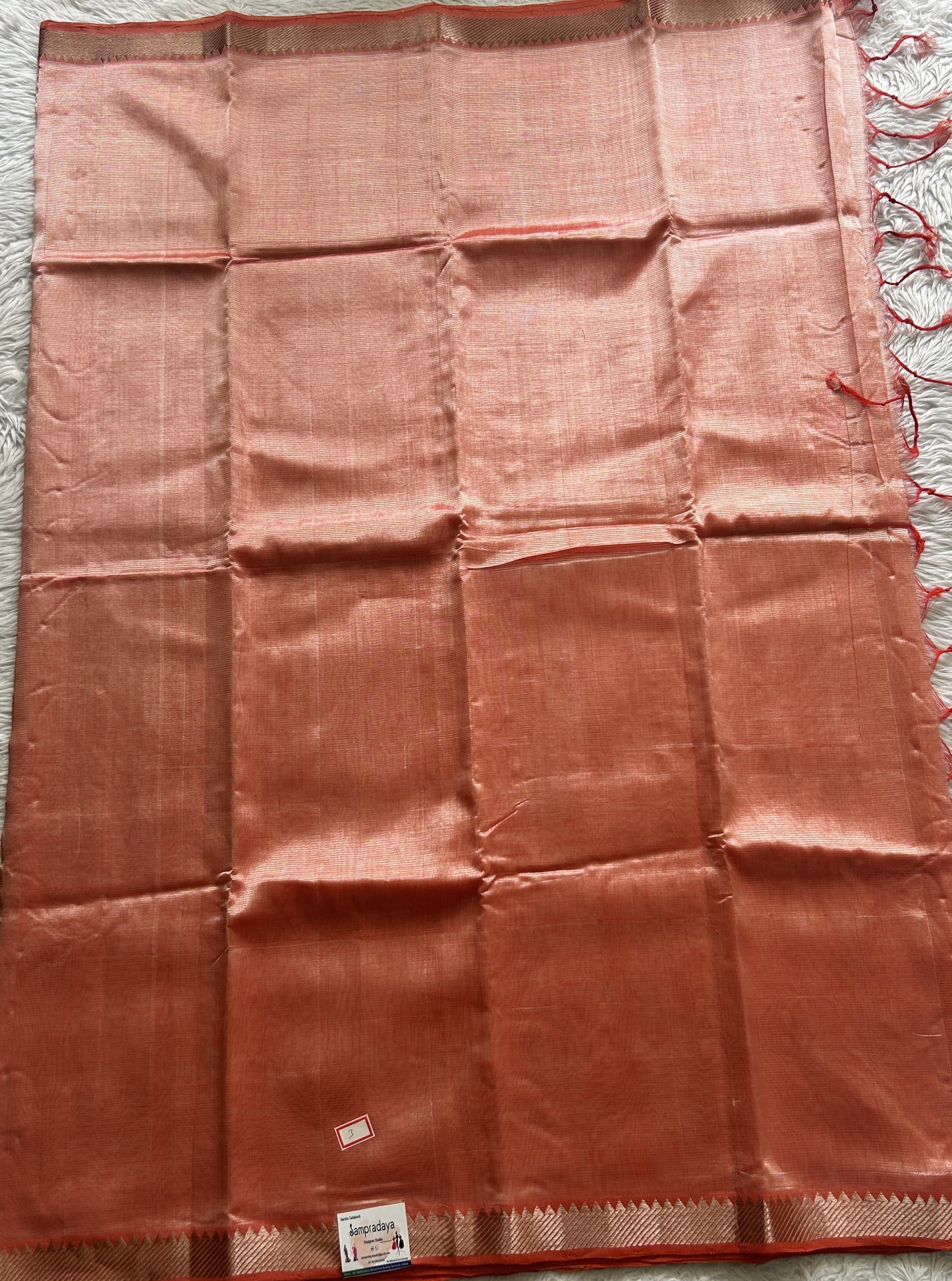 Mangalagiri Plain Pattu Saree Peach colored complemented with a Zari Border - Sampradaya Designer Studio