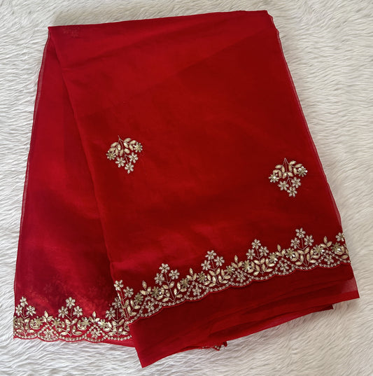 Tissue Organza Designer Saree Red colored Saree complemented with a Handcrafted border. - Sampradaya Designer Studio