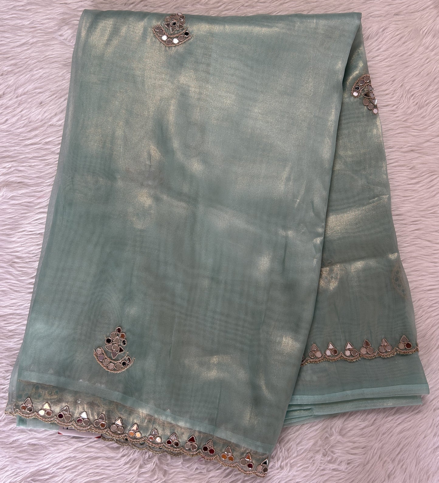 Tissue Organza Designer Saree Sea Blue colored Saree complemented with a Handcrafted Mirror border. - Sampradaya Designer Studio