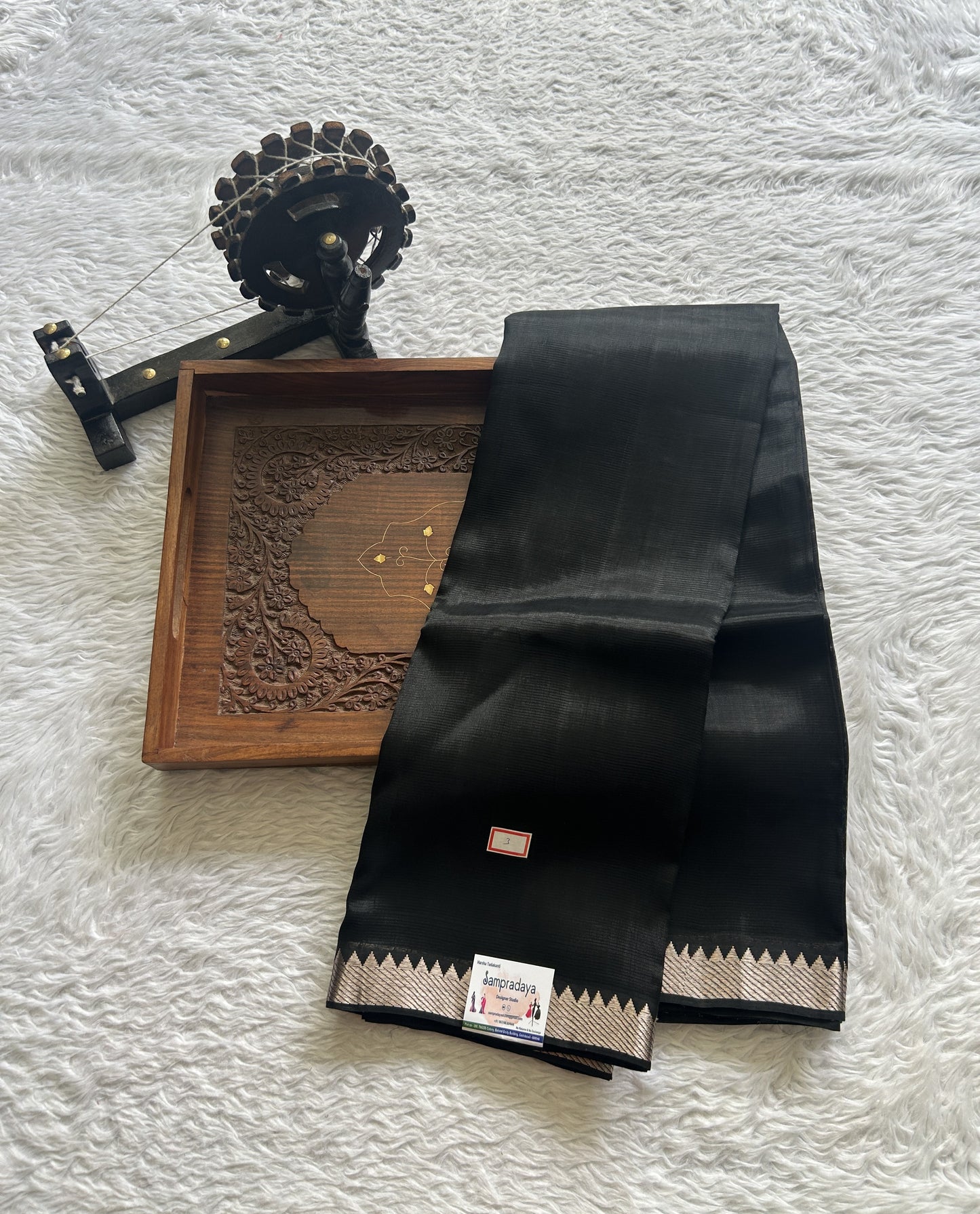 Mangalagiri Plain Pattu Saree Black colored complemented with a Zari Border - Sampradaya Designer Studio