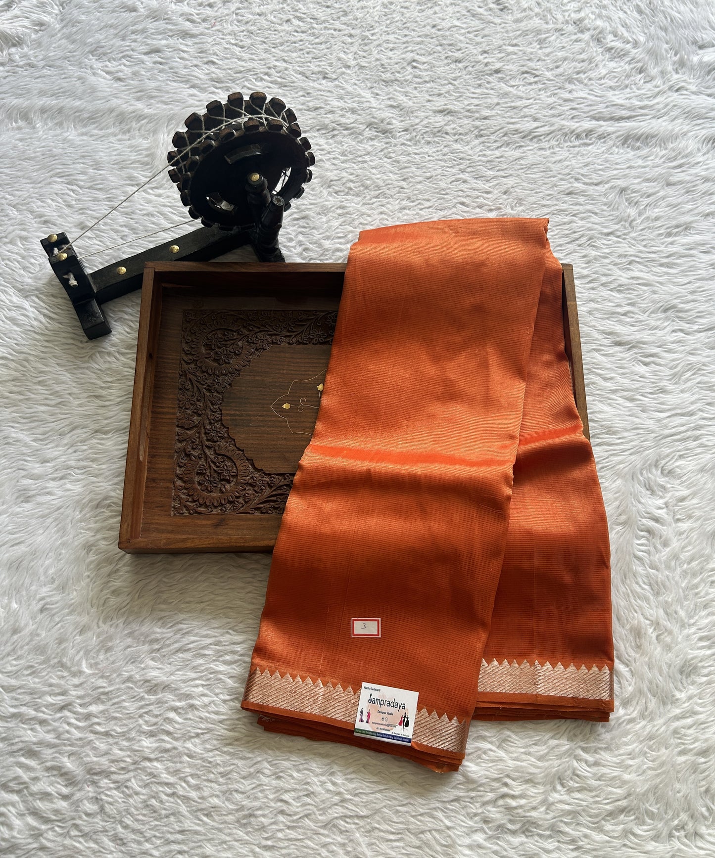 Mangalagiri Plain Pattu Saree Orange colored complemented with a Zari Border - Sampradaya Designer Studio