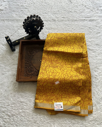 Mangalagiri Pattu Digital Print Saree Turmeric Yellow colored complemented with a Zari Border - Sampradaya Designer Studio