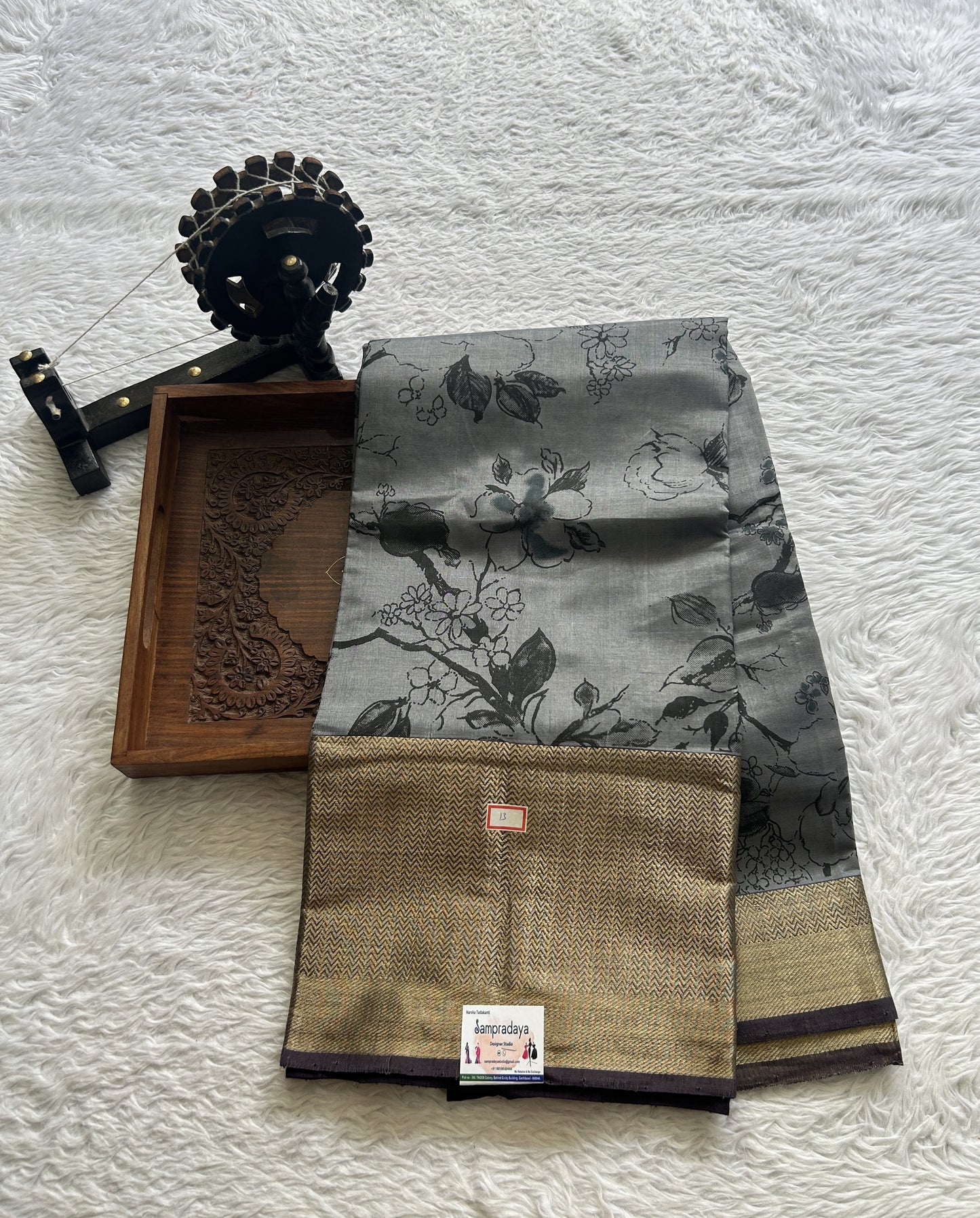 Mangalagiri Pattu Digital Print Saree Gray colored complemented with a Zari Border - Sampradaya Designer Studio