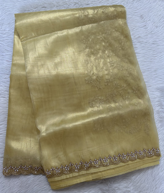 Tissue Organza Designer Saree Yellow colored Saree complemented with a Handcrafted border. - Sampradaya Designer Studio