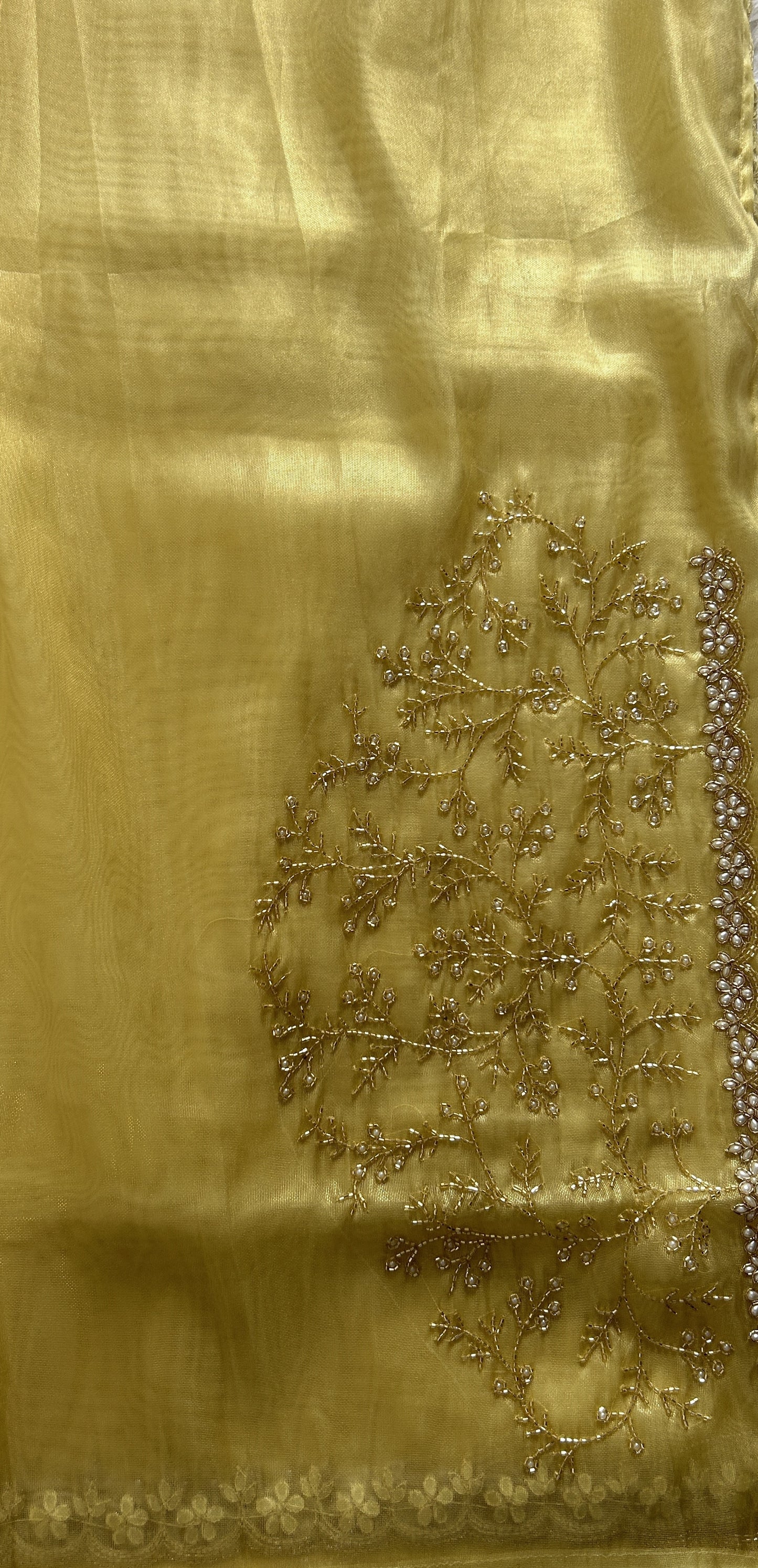 Tissue Organza Designer Saree Yellow colored Saree complemented with a Handcrafted border. - Sampradaya Designer Studio