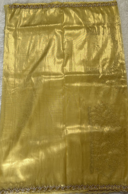 Tissue Organza Designer Saree Yellow colored Saree complemented with a Handcrafted border. - Sampradaya Designer Studio