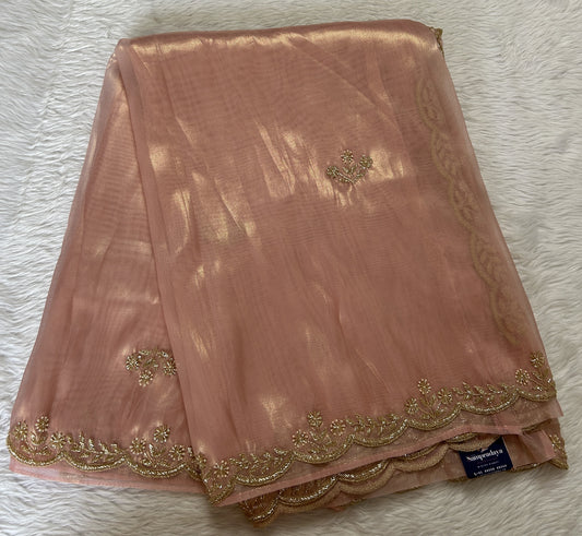 Tissue Organza Designer Saree Peach colored Saree complemented with a Handcrafted border. - Sampradaya Designer Studio