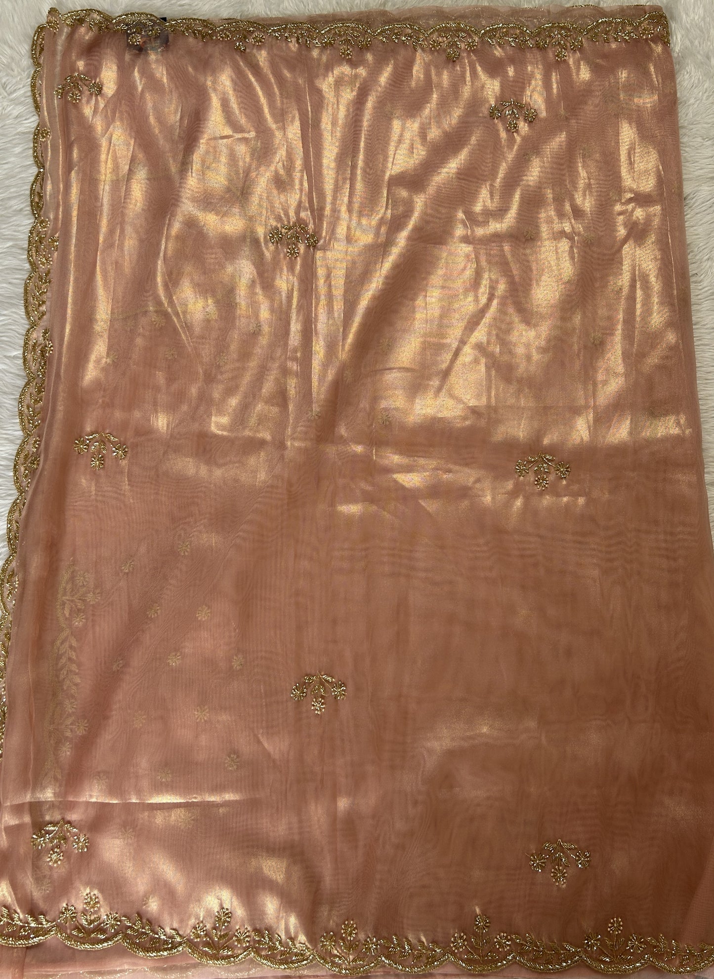 Tissue Organza Designer Saree Peach colored Saree complemented with a Handcrafted border. - Sampradaya Designer Studio