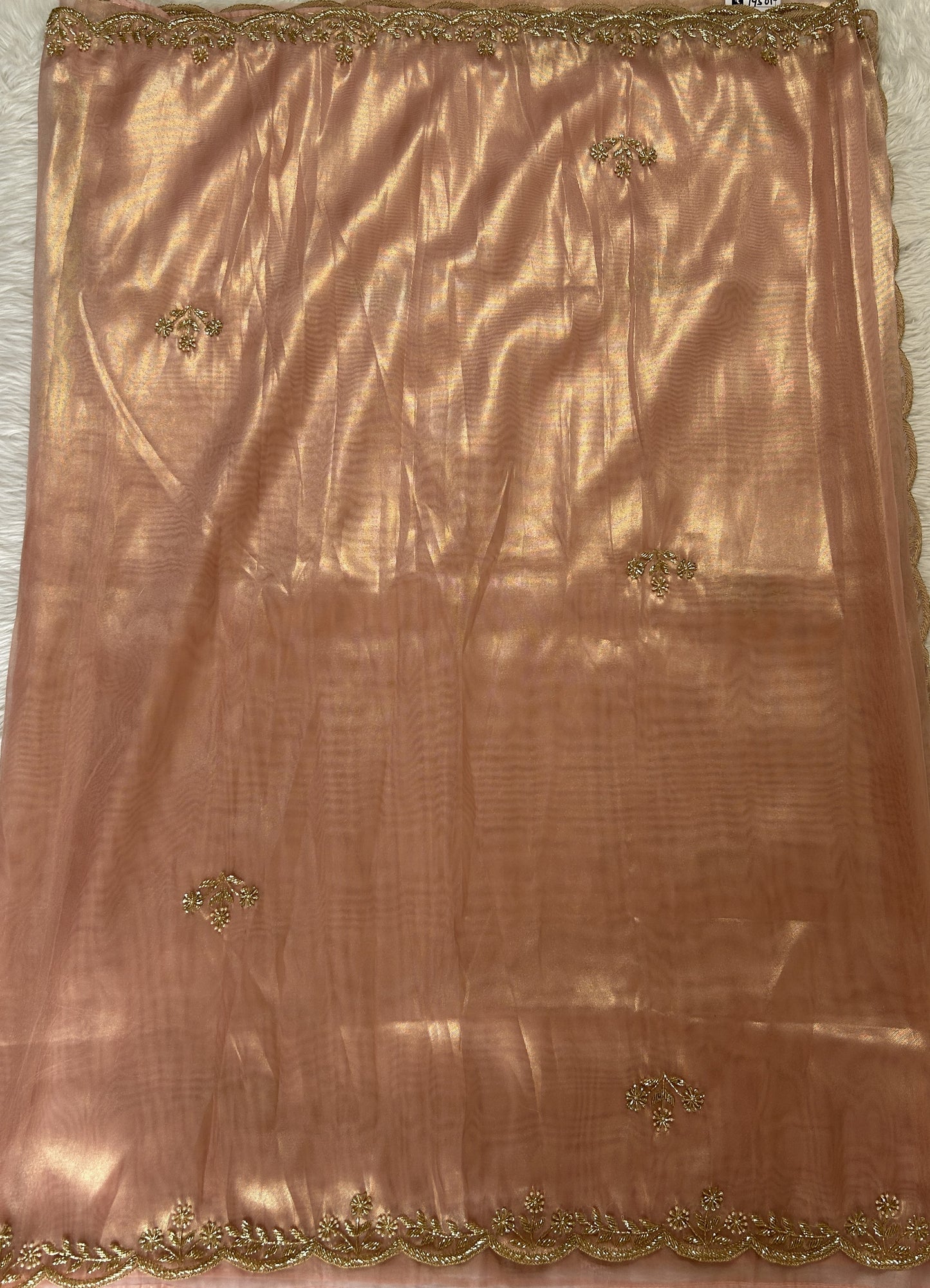 Tissue Organza Designer Saree Peach colored Saree complemented with a Handcrafted border. - Sampradaya Designer Studio