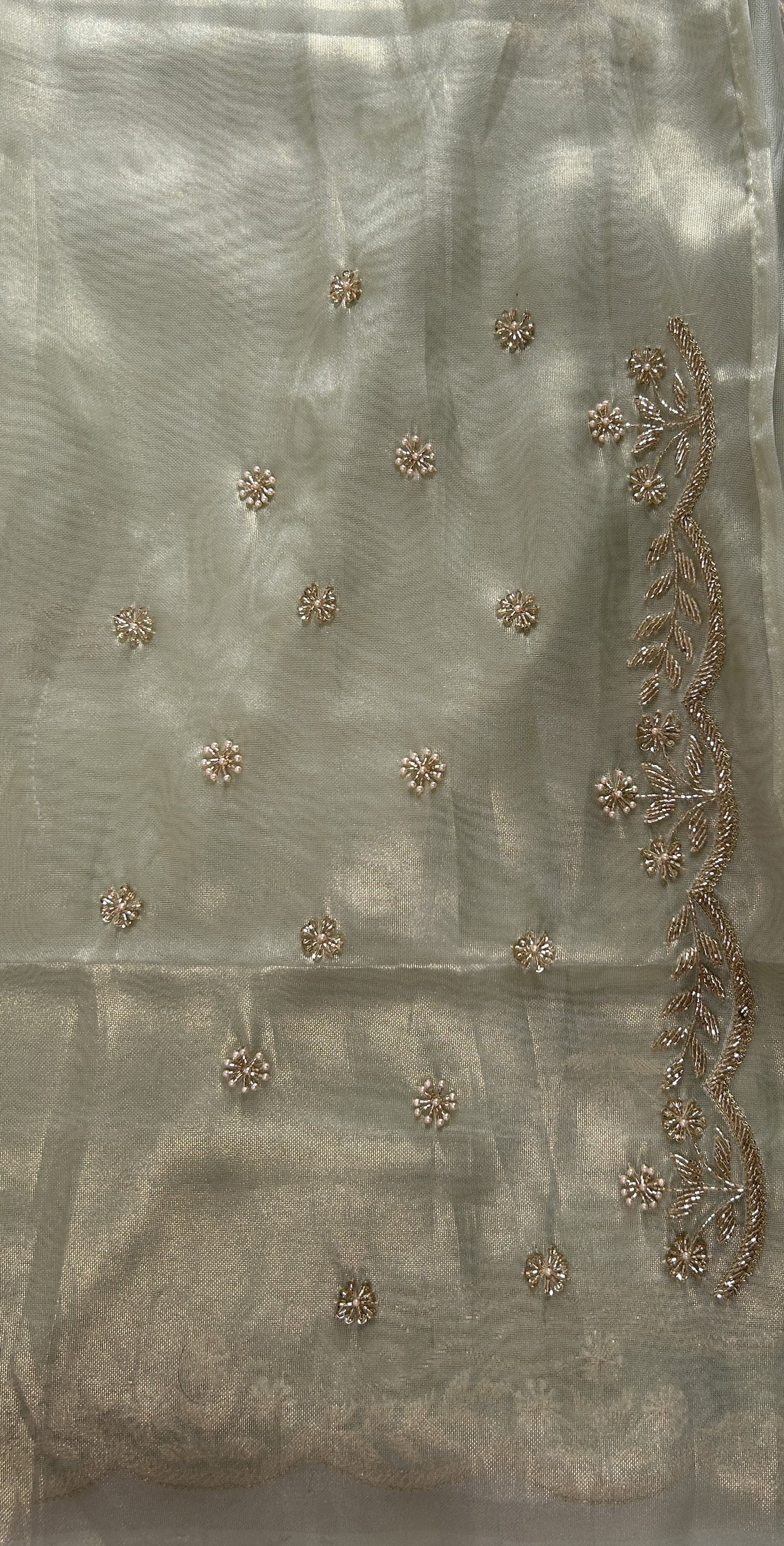 Tissue Organza Designer Saree Green colored Saree complemented with a Handcrafted border. - Sampradaya Designer Studio