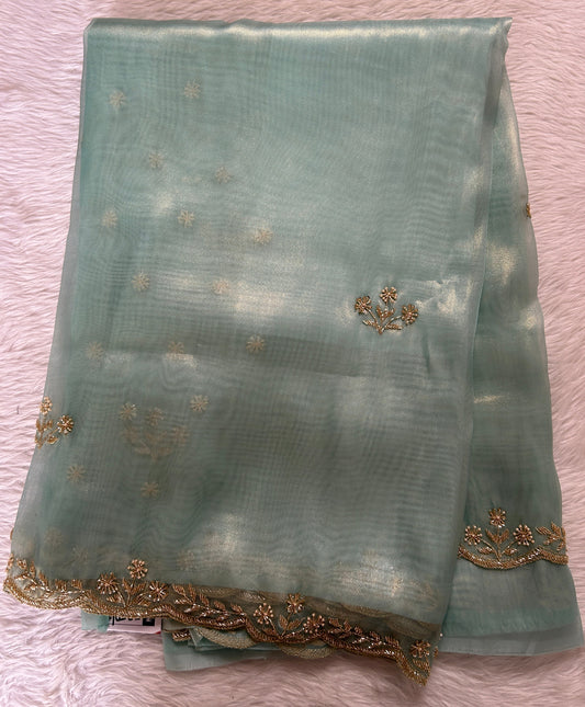 Tissue Organza Designer Saree Sea Blue colored Saree complemented with a Handcrafted border. - Sampradaya Designer Studio