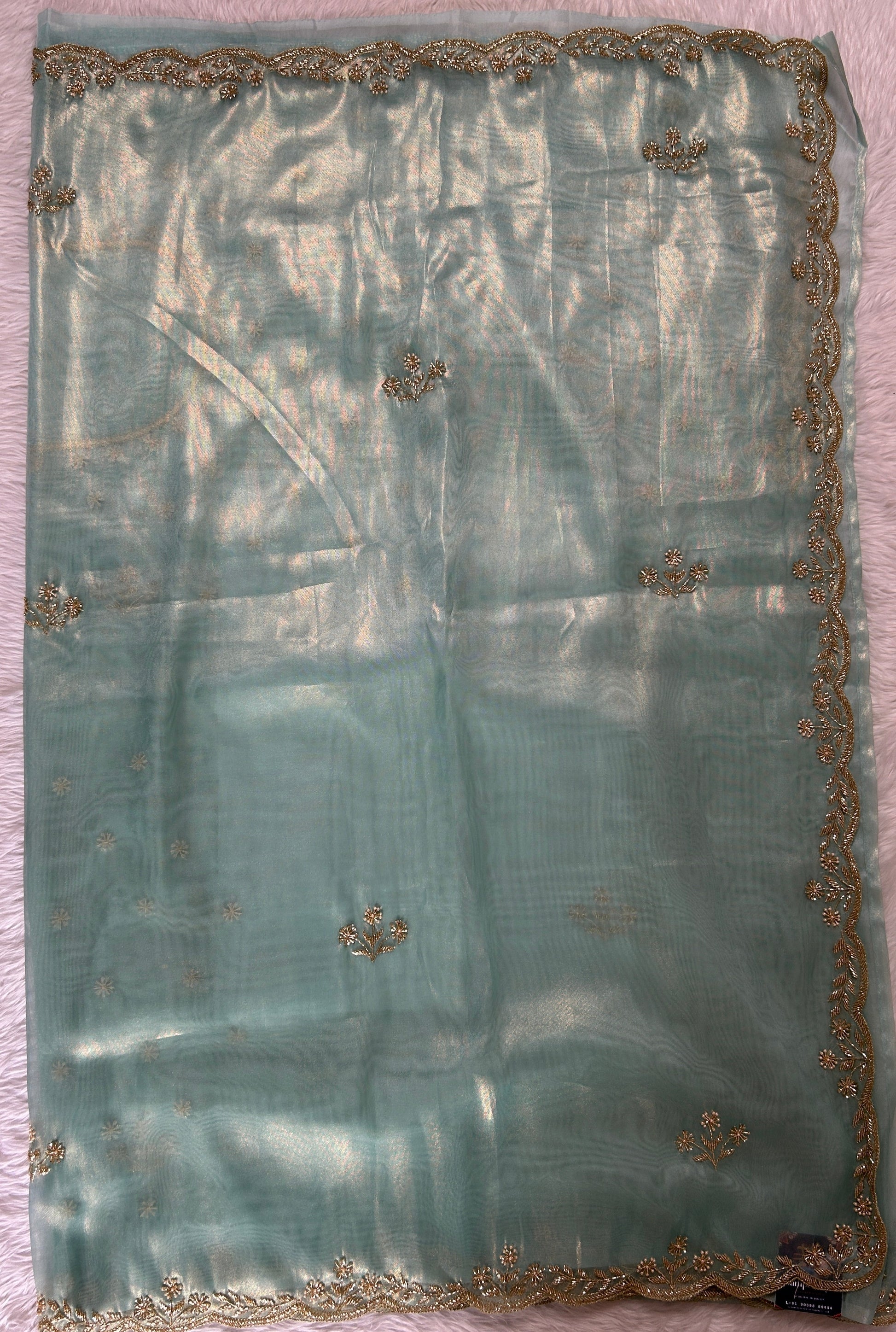 Tissue Organza Designer Saree Sea Blue colored Saree complemented with a Handcrafted border. - Sampradaya Designer Studio