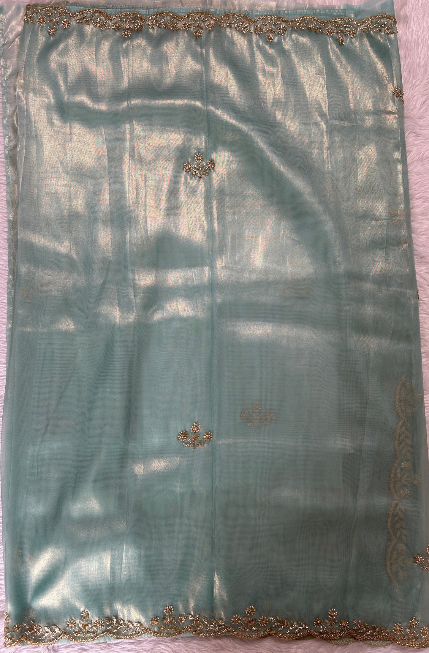 Tissue Organza Designer Saree Sea Blue colored Saree complemented with a Handcrafted border. - Sampradaya Designer Studio